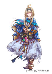 Rule 34 | 1girl, blonde hair, brown footwear, brown gloves, company name, dmm, doll, feather hair ornament, feathers, fingerless gloves, full body, gloves, feather hair ornament, headband, long hair, long skirt, looking at viewer, mataichi mataro, official art, purple eyes, shawl, simple background, skirt, solo, standing, white background, white skirt, yuba no shirushi