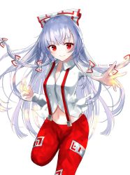 Rule 34 | 1girl, black background, bow, breasts, collared shirt, commentary request, feet out of frame, fire, flaming hand, fujiwara no mokou, hair bow, long hair, long sleeves, looking at viewer, medium breasts, navel, ofuda, ofuda on clothes, pants, pyrokinesis, red pants, sakizaki saki-p, shirt, sidelocks, silver hair, simple background, smile, solo, standing, standing on one leg, stomach, suspenders, touhou, twitter username, white background, wing collar, wrist cuffs