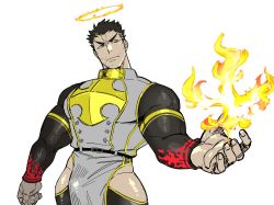 Rule 34 | 1boy, belt, black hair, buttons, closed mouth, contrapposto, double-breasted, facial hair, fire, flaming halo, halo, highres, hip vent, male focus, pelvic curtain, simple background, solo, stubble, tokyo houkago summoners, torawar, unfinished, white background, yellow eyes, zabaniyya (housamo)
