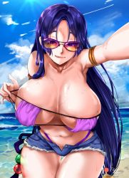 Rule 34 | :d, bad id, bad pixiv id, beach, bikini, blue eyes, blue hair, blush, breasts, clear sky, cloud, collarbone, day, eyebrows, eyebrows hidden by hair, eyelashes, eyepatch bikini, fate/grand order, fate (series), foxyreine, hair ornament, highres, large breasts, lips, long hair, looking at viewer, low-tied long hair, minamoto no raikou (fate), navel, ocean, open mouth, patreon, patreon logo, sand, selfie, shiny skin, short shorts, shorts, signature, sky, smile, solo, sun, sunglasses, sunlight, sweat, swimsuit, thick thighs, thigh gap, thighs, thong, tongue, tongue out, very long hair, water, watermark, waves, web address