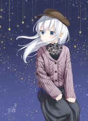 Rule 34 | 1girl, aran sweater, aruma (sawayaka tokuko miruku), black skirt, blue eyes, blush, brown hat, brown sweater, cabbie hat, cable knit, closed mouth, commentary request, floating hair, hair between eyes, hat, hibiki (kancolle), highres, kantai collection, long hair, long sleeves, looking away, looking to the side, ribbed sweater, sidelocks, signature, silver hair, skirt, sleeves past wrists, smile, solo, star (symbol), sweater