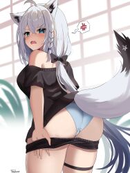 Rule 34 | 1girl, absurdres, angry, animal ear fluff, animal ears, ass, blush, braid, breasts, commentary request, fox ears, fox girl, fox tail, highres, hololive, looking at viewer, medium breasts, official alternate costume, panties, pentagram, shirakami fubuki, shirakami fubuki (loungewear), short shorts, shorts, tail, thighlet, thighs, underwear, vanillafox2035, virtual youtuber