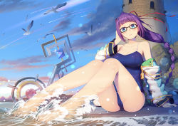 Rule 34 | 1girl, ass, beach, bethor (million arthur), bird, blue eyes, blue sky, blue one-piece swimsuit, braid, breasts, cleavage, cloud, competition school swimsuit, day, detached sleeves, glasses, hair ribbon, han-gyaku-sei million arthur, hand up, large breasts, lighthouse, long hair, million arthur (series), one-piece swimsuit, outdoors, purple hair, red ribbon, ribbon, school swimsuit, seagull, sitting, sky, staff, swimsuit, waves, zimajiang