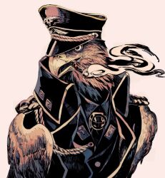 Rule 34 | aiguillette, animal, animal focus, beak, bird, black hat, black jacket, brown background, cigar, clothed animal, collared jacket, commentary, eagle, hat, jacket, military uniform, mouth hold, naval uniform, no humans, open mouth, original, peaked cap, simple background, smoke, smoking, solo, symbol-only commentary, tonbippo08, uniform, upper body, wings