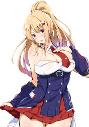 Rule 34 | 1girl, absurdres, astoria (azur lane), azur lane, belt, blonde hair, blue eyes, breasts, cleavage, cowboy shot, detached collar, detached sleeves, hair ornament, hairclip, hand on own chest, highres, kimura neito, large breasts, long hair, looking at viewer, miniskirt, necktie, open mouth, pleated skirt, ponytail, red necktie, red skirt, sidelocks, simple background, skindentation, skirt, sleeveless, smile, solo, underbust, white background