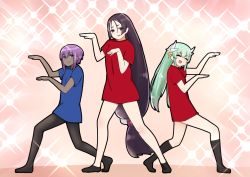 Rule 34 | 3girls, :&gt;, :d, arm up, black hair, black socks, blue shirt, blush, closed eyes, closed mouth, commentary request, dark-skinned female, dark skin, dragon horns, fate/prototype, fate/prototype: fragments of blue and silver, fate (series), green hair, hair between eyes, hand up, hands up, hassan of serenity (fate), highres, horns, i.u.y, kiyohime (fate), kneehighs, long hair, low-tied long hair, minamoto no raikou (fate), multiple girls, open mouth, pantyhose, parted bangs, purple eyes, purple hair, red shirt, shirt, short sleeves, smile, socks, very long hair