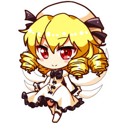 Rule 34 | 1girl, beret, black bow, blonde hair, blush stickers, bow, chibi, commentary request, dress, dress bow, drill hair, fairy wings, frilled dress, frills, hair between eyes, hat, juliet sleeves, kneehighs, long sleeves, looking at viewer, lowres, luna child, puffy sleeves, red eyes, renren (ah renren), simple background, sleeves past wrists, smile, socks, solo, standing, standing on one leg, touhou, tsurime, white background, white dress, white hat, white socks, wide sleeves, wings