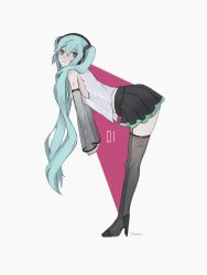 Rule 34 | 1girl, arm tattoo, bent over, black footwear, black skirt, blue eyes, blue hair, breasts, chowly, from side, hair between eyes, hatsune miku, hatsune miku (nt), high heels, highres, long hair, looking back, see-through, see-through sleeves, skindentation, skirt, small breasts, solo, tattoo, thighhighs, twintails, very long hair, vocaloid