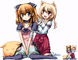Rule 34 | 2girls, :d, animal ears, bandaged arm, bandages, bell, belt collar, between legs, black bow, black legwear, black ribbon, blonde hair, blue eyes, blush, borrowed character, bow, breasts, cat, cat ears, chiriko (atlanta), cleavage, closed eyes, closed mouth, collar, collarbone, commentary request, dress, eyes visible through hair, fang, feet, fox ears, frilled bow, frilled sleeves, frills, full body, gradient clothes, gradient dress, hair bell, hair between eyes, hair bow, hair ornament, hakama, hakama skirt, hand between legs, hand in another&#039;s hair, japanese clothes, kneeling, legs, long hair, long sleeves, looking at another, miko, multicolored clothes, multicolored dress, multiple girls, nekojirou, no shoes, nori tamago, open mouth, orange hair, original, own hands together, pixel art, red eyes, red hakama, ribbon, shadow, short sleeves, sidelocks, simple background, sitting, skirt, sleeping, smile, socks, ten&#039;inkou korin, thighhighs, triangle mouth, two side up, v-neck, v arms, wariza, white background, white legwear, zoom layer
