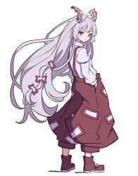 Rule 34 | 1girl, absurdres, baggy pants, bow, buttons, footwear bow, from behind, fujiwara no mokou, hair bow, highres, hime cut, kame (kamepan44231), long hair, long sleeves, looking at viewer, ofuda, ofuda on clothes, one-hour drawing challenge, pants, red eyes, red footwear, red pants, shirt, shoes, sidelocks, simple background, sleeve garter, solo, suspenders, touhou, very long hair, white background, white bow, white hair, white shirt