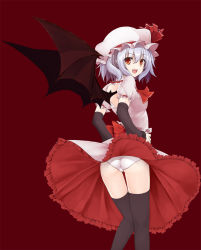 Rule 34 | 1girl, :d, ass, back cutout, bat wings, black thighhighs, blue hair, clothing cutout, detached sleeves, female focus, from behind, hat, hat ribbon, heart, heart cutout, highres, looking at viewer, looking back, open mouth, panties, pantyshot, red background, red eyes, remilia scarlet, ribbon, simple background, skirt, smile, solo, thighhighs, touhou, trefoil, underwear, upskirt, utakata (kochou no yume), white panties, wind, wind lift, wings