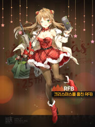 Rule 34 | 1girl, ;d, anmi, assault rifle, bag, bare shoulders, black pantyhose, blush, boots, bow, breasts, brown hair, bullpup, character name, christmas, coat, copyright name, double bun, dress, duffel coat, full body, fur trim, girls&#039; frontline, green eyes, gun, hair bow, hair bun, high heel boots, high heels, holding, kel-tec rfb, long hair, looking at viewer, medium breasts, nintendo switch, official alternate costume, official art, one eye closed, open clothes, open coat, open mouth, pantyhose, red bow, red dress, red footwear, rfb (girls&#039; frontline), rfb (how rfb stole xmas) (girls&#039; frontline), rifle, santa costume, semi-automatic firearm, semi-automatic rifle, shopping bag, smile, solo, standing, standing on one leg, thighs, weapon