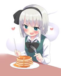 Rule 34 | 1girl, bow, eating, food, fork, green eyes, heart, heart-shaped pupils, highres, holding, holding fork, holding knife, knife, konpaku youmu, konpaku youmu (ghost), open mouth, pancake, pancake stack, plate, saliva, shishiky, short hair, solo, symbol-shaped pupils, syrup, touhou, white background, white hair