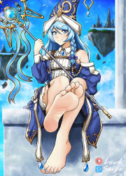 Rule 34 | 1girl, armpit crease, artist name, barefoot, belt, blue dress, blue eyes, blue headwear, blue ribbon, blurry, blurry background, bow, breasts, brown belt, closed mouth, commentary, convenient leg, detached sleeves, dress, duel monster, english commentary, eyelashes, feet, floating island, foot focus, foreshortening, frills, gold trim, hair between eyes, hair bow, hand up, holding, holding staff, legs, lens flare, lewdsaiga, long sleeves, medium breasts, nail polish, patreon logo, pixiv logo, pointy ears, ribbon, shiny skin, shorts, sitting, sleeveless, smile, soles, solo, staff, thigh strap, toenail polish, toenails, toes, water enchantress of the temple, white ribbon, white shorts, yu-gi-oh!