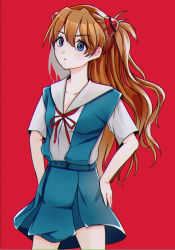 Rule 34 | 1girl, blouse, blue dress, blue eyes, closed mouth, collarbone, commentary, cowboy shot, dress, expressionless, hands on own hips, highres, interface headset, kirupaxxx, legs apart, long hair, looking at viewer, neck ribbon, neon genesis evangelion, orange hair, pinafore dress, red background, red ribbon, ribbon, school uniform, shirt, short sleeves, simple background, sleeveless dress, solo, souryuu asuka langley, standing, tokyo-3 middle school uniform, white shirt