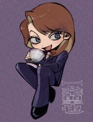 Rule 34 | 1boy, beachricefield, black eyes, black jacket, black pants, blazer, brown hair, chibi, commentary request, cup, formal, full body, holding, holding cup, ichijou seiya, jacket, kaiji, long hair, long sleeves, looking to the side, male focus, medium bangs, necktie, open mouth, pants, purple background, red shirt, shirt, smile, solo, static, suit, teacup, v-shaped eyebrows, white necktie