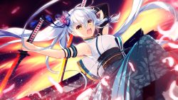Rule 34 | 1girl, angry, arms up, blush, breasts, dual wielding, female focus, fighting stance, floating hair, from below, game cg, hair between eyes, holding, holding sword, holding weapon, japanese clothes, kizuna kirameku koi iroha, leg lift, legs, light purple hair, long hair, looking at viewer, medium breasts, nironiro, nose blush, obi, open mouth, original, pero, petals, sash, side ponytail, simple background, skirt, solo, standing, suzakuin tsubaki, sword, thighs, weapon, yellow eyes
