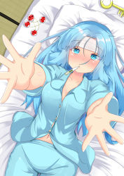 Rule 34 | 1girl, alternate costume, alternate hairstyle, arms up, blue eyes, blue hair, blush, breasts, cleavage, cold pack, collarbone, commentary request, cowboy shot, digital thermometer, fever, foreshortening, from above, futon, hair bobbles, hair down, hair ornament, kawashiro nitori, key, long hair, looking at viewer, lying, mouth hold, navel, on back, pajamas, parted bangs, pillow, reaching, reaching towards viewer, rururiaru, sick, solo, tatami, thermometer, touhou, unworn hair ornament, very long hair