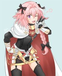 Rule 34 | 1boy, astolfo (fate), black bow, black thighhighs, blue background, bow, braid, cape, cowboy shot, fang, fate/apocrypha, fate (series), fon-due (fonfon), garter straps, gloves, hair bow, hand on own hip, long hair, looking at viewer, male focus, multicolored hair, one eye closed, open mouth, pink hair, purple eyes, single braid, solo, streaked hair, thighhighs, trap