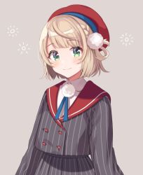 Rule 34 | beret, braid, buttons, green eyes, hair ornament, hat, indie virtual youtuber, jacket, light brown hair, long sleeves, official art, open mouth, pinstripe pattern, pom pom (clothes), pom pom hair ornament, red hat, red sailor collar, sailor collar, shigure ui, shigure ui (vtuber), shigure ui (vtuber) (1st costume), skirt, solo, striped clothes, striped jacket, striped skirt, vertical-striped clothes, vertical-striped jacket, vertical-striped skirt, virtual youtuber