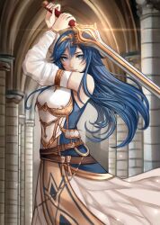 Rule 34 | 1girl, armor, armored dress, artist name, belt, blue dress, blue eyes, blue hair, breastplate, brown belt, closed mouth, commentary, crossed belts, detached sleeves, dress, english commentary, falchion (fire emblem), fire emblem, fire emblem awakening, fire emblem cipher, floating hair, hair between eyes, highres, holding, holding sword, holding weapon, long hair, looking at viewer, lucina (fire emblem), nintendo, official alternate costume, schereas, smile, solo, sword, tiara, two-tone dress, weapon, white dress, white sleeves