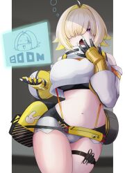 Rule 34 | 1girl, :o, absurdres, ahoge, black gloves, black sports bra, blonde hair, breasts, clothing cutout, crop top, crop top overhang, cropped sweater, elegg (nikke), exposed pocket, gloves, goddess of victory: nikke, grey shorts, hair intakes, hair over eyes, hand to own mouth, highres, large breasts, long bangs, long sleeves, micro shorts, multicolored clothes, multicolored gloves, multicolored hair, navel, open mouth, purple eyes, short hair, shorts, shoulder cutout, sleepy, solo, sports bra, suspender shorts, suspenders, thigh strap, thighs, two-tone hair, yellow gloves, yuura (yuura ephyra)
