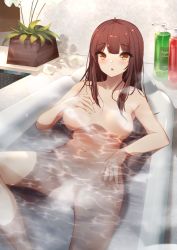 Rule 34 | 1girl, :o, ahoge, bathing, bathroom, bathtub, blush, bottle, breasts, brown hair, censored, censored nipples, collarbone, completely nude, convenient censoring, faicha, hand on own chest, highres, indoors, knee up, long hair, looking at viewer, lying, medium breasts, mole, mole under eye, navel, nude, on back, open mouth, orange eyes, original, partially submerged, plant, potted plant, sidelocks, solo, steam, steam censor, water