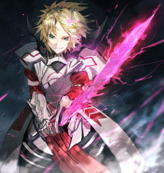 Rule 34 | 1girl, armor, blonde hair, breastplate, commentary request, cowboy shot, fate/apocrypha, fate (series), gauntlets, glowing, glowing weapon, green eyes, grin, holding, holding sword, holding weapon, long hair, long sleeves, looking at viewer, mordred (fate), mordred (fate/apocrypha), mura karuki, pauldrons, ponytail, shoulder armor, smile, solo, standing, sword, weapon