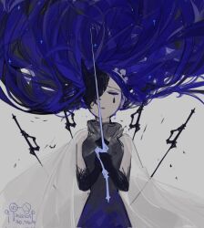 Rule 34 | 1girl, black gloves, blue hair, cape, crown, crying, dress, floating hair, gloves, grey dress, highres, knight of despair, lk0 71604, lobotomy corporation, long hair, mask over one eye, parted lips, project moon, simple background, sleeveless, sleeveless dress, solo, very long hair, white background, white cape, white headwear
