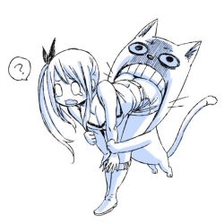 Rule 34 | 1boy, 1girl, ass, biting, boots, breasts, cat, fairy tail, grabbing, happy (fairy tail), hetero, huge ass, long hair, lucy heartfilia, mashima hiro, medium breasts, monochrome, official art, ponytail, shorts, simple background, tears, vore, white background