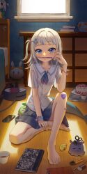 Rule 34 | 1girl, absurdres, barefoot, blue eyes, feet, fins, fish tail, gawr gura, highres, hololive, jedd (jeddisorange), light blush, long hair, looking at viewer, multicolored hair, notebook, shark tail, side ponytail, stationery, streaked hair, tail, toes, virtual youtuber, white hair
