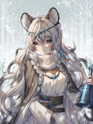 Rule 34 | 1girl, :&lt;, animal ears, arknights, bad id, bad pixiv id, ball, bare tree, beachball, bell, black cape, blush, braid, cape, dated, grey eyes, grey hair, hair intakes, highres, holding, holding ball, holding beachball, holding bell, leopard ears, long hair, looking at viewer, outdoors, pramanix (arknights), shiro albino, side braids, snowflakes, solo, sweater, tiara, tree, turtleneck, turtleneck sweater, upper body, very long hair, white sweater