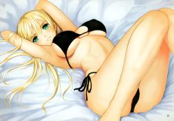 Rule 34 | 1girl, absurdres, armpits, arms behind head, bikini, black bikini, blonde hair, blue eyes, breasts, covered erect nipples, curvy, date wingfield reiko, fault!!, highres, large breasts, legs, long hair, looking at viewer, lying, non-web source, official art, on back, on bed, parted lips, scan, side-tie bikini bottom, sideboob, smile, solo, string bikini, swimsuit, thighs, tony taka, underboob