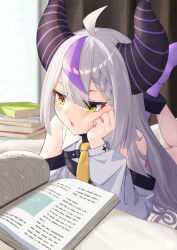 Rule 34 | 1girl, absurdres, ahoge, ankle cuffs, ascot, bare shoulders, black horns, book, braid, braided bangs, detached sleeves, grey hair, hand on own face, highres, hololive, horns, la+ darknesss, la+ darknesss (1st costume), long hair, mrrappgreen, multicolored hair, pointy ears, purple hair, reading, streaked hair, striped horns, virtual youtuber, yellow ascot
