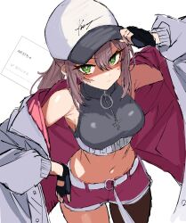Rule 34 | 1girl, absurdres, ar-57 (girls&#039; frontline), armpits, asymmetrical legwear, breasts, cowboy shot, crop top, fingerless gloves, girls&#039; frontline, gloves, green eyes, hand on headwear, hand on own hip, hat, highres, jacket, navel, open clothes, open jacket, r scrubed, solo, tank top