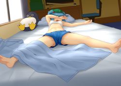 Rule 34 | 1girl, arm on own head, barefoot, bed, blanket, blue hair, breasts, chair, covered eyes, desk, drooling, hair bobbles, hair ornament, hat, iromeki overdrive, kawashiro nitori, midriff, navel, office chair, open mouth, short shorts, shorts, sleeping, small breasts, soles, solo, spread legs, stuffed animal, stuffed penguin, stuffed toy, swivel chair, tank top, touhou, twintails, two side up, upshorts, window