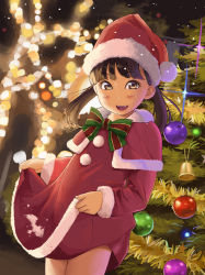 Rule 34 | 1girl, anyannko, bad id, bad pixiv id, bauble, blunt bangs, child, christmas, christmas lights, christmas ornaments, christmas tree, dress, female focus, hat, highres, long sleeves, looking at viewer, original, ornament, red dress, red hat, santa dress, santa hat, skirt hold, smile, solo, thighs