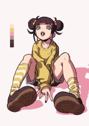 Rule 34 | 1girl, ankle socks, arms between legs, black footwear, blunt bangs, candy, color guide, double bun, earrings, food, full body, gaako illust, green shirt, grey eyes, hair bun, highres, invisible floor, jewelry, knees up, long sleeves, looking at viewer, mary janes, nail polish, open mouth, original, shadow, shirt, shoes, shorts, sidelocks, simple background, sitting, socks, solo, striped clothes, striped socks, tassel, tassel earrings, teeth, thick eyebrows, tongue, upper teeth only, white background