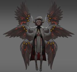 Rule 34 | 1girl, absurdres, angel wings, beret, black sclera, cloak, colored sclera, commentary, english commentary, extra eyes, feathered wings, glowing, glowing eyes, grey background, grey hair, hat, highres, horns, less, long sleeves, looking at viewer, multiple wings, no panties, one eye closed, orange eyes, original, own hands clasped, own hands together, parted lips, pelvic curtain, robe, seraph, short hair, simple background, smile, thighhighs, white wings, wings