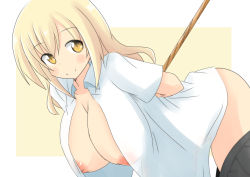 Rule 34 | 1girl, arms behind back, bad id, bad pixiv id, bdsm, bent over, blonde hair, blush, bondage, borrowed character, bound, breasts, female focus, hanging breasts, huge breasts, inverted nipples, leaning forward, long hair, looking at viewer, naruse mai, nipples, no bra, open clothes, open shirt, original, puffy nipples, rope, shirt, smile, solo, yellow eyes