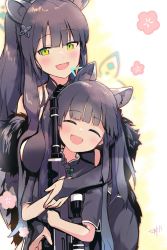 Rule 34 | 2girls, :d, animal ear fluff, animal ears, black dress, black hair, blue archive, blunt bangs, blush, breasts, china dress, chinese clothes, closed eyes, commentary request, dress, flower, fur trim, gloves, green eyes, hair ornament, halo, happy, highres, holding, holding weapon, large breasts, long hair, looking at viewer, multiple girls, open mouth, sergei (pattundo), shirt, short sleeves, shun (blue archive), shun (small) (blue archive), simple background, smile, tiger ears, tiger girl, upper body, weapon, x hair ornament