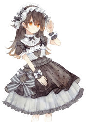 Rule 34 | 1girl, absurdres, black bow, black dress, bow, brown eyes, brown hair, commentary request, dress, earrings, expressionless, frilled dress, frilled hairband, frilled shirt collar, frills, gothic lolita, grey bow, hair bow, hairband, hand up, highres, jewelry, lolita fashion, lolita hairband, long hair, looking at viewer, original, painting (medium), short sleeves, simple background, solo, striped, striped bow, traditional media, uni (setsuna gumi39), watercolor (medium), white background, white bow, wrist bow, wrist cuffs