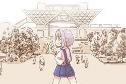 Rule 34 | 1girl, blue skirt, blush, brown eyes, building, closed mouth, collared shirt, day, from behind, grey hair, hair flaps, hair intakes, hand on own hip, idolmaster, idolmaster cinderella girls, koshimizu sachiko, long sleeves, outdoors, people, pleated skirt, profile, puffy long sleeves, puffy sleeves, romaji text, shirt, simple background, skirt, sleeves past wrists, solo focus, standing, suspender skirt, suspenders, thumbs up, tokyo big sight, tree, v-shaped eyebrows, white background, white shirt, yukie (kusaka shi)