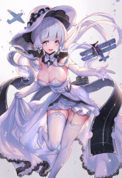Rule 34 | 1girl, absurdres, ahoge, aircraft, airplane, azur lane, back, bare back, bare shoulders, black footwear, blue eyes, blunt bangs, breasts, cleavage, dress, elbow gloves, eyebrows, eyelashes, flight deck, floating hair, full body, garter straps, gem, gloves, hair ornament, hat, high heels, highres, illustrious (azur lane), lace, lace-trimmed dress, lace trim, large breasts, leg up, light particles, long hair, looking at viewer, low twintails, machinery, matsumoto mitsuaki, mole, mole under eye, open mouth, pumps, see-through, shoes, skindentation, skirt hold, smile, solo, strapless, strapless dress, sun hat, thighhighs, turret, twintails, white dress, white footwear, white gloves, white hair, white hat, white theme, white thighhighs, zettai ryouiki