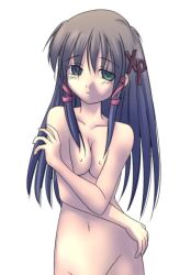 Rule 34 | 1girl, breasts, brown hair, collarbone, completely nude, cowboy shot, expressionless, green eyes, groin, hair ornament, hairpin, head tilt, navel, nipples, nude, os-tan, simple background, small breasts, solo, stomach, white background, xp-tan