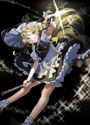 Rule 34 | 1girl, apron, black background, black hat, black skirt, black vest, blonde hair, bloomers, blush, broom, broom riding, feet out of frame, grin, hat, highres, index finger raised, kirisame marisa, koppe koppe, long hair, looking at viewer, outstretched arm, petticoat, shirt, short sleeves, skirt, smile, socks, solo, sparkle, touhou, underwear, v-shaped eyebrows, vest, waist apron, white shirt, white socks, witch hat, yellow eyes