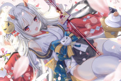 Rule 34 | 1girl, :d, ahoge, arrow (projectile), aruka (alka p1), azur lane, bare shoulders, bell, blue bow, blurry, blurry foreground, bow, commentary request, depth of field, detached sleeves, dutch angle, ema, flower, hair between eyes, hair ornament, hamaya, hibiki (azur lane), hibiki (new year&#039;s little imp) (azur lane), highres, holding, holding arrow, horns, japanese clothes, jingle bell, kagami mochi, kimono, long hair, long sleeves, looking at viewer, new year, open mouth, petals, red eyes, red flower, red sleeves, revision, shuttlecock, silver hair, sitting, sleeveless, sleeveless kimono, smile, solo, thighhighs, very long hair, wariza, white kimono, white thighhighs, wide sleeves