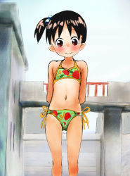 Rule 34 | 1girl, arms behind back, bikini, black hair, blush, child, closed mouth, hair bobbles, hair ornament, highres, ichigo mashimaro, itou chika, looking at viewer, m-thet, navel, outdoors, shiny skin, side-tie bikini bottom, side ponytail, sky, smile, solo, standing, swimsuit