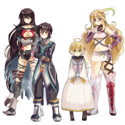 Rule 34 | 2boys, 2girls, ahoge, black choker, black hair, blonde hair, blush, boots, breasts, child, choker, cleavage, commentary request, cross-laced footwear, crossed arms, eyelashes, full body, gloves, gradient hair, green eyes, green hair, hair between eyes, houhou (black lack), jude mathis, lace-up boots, laphicet (tales), long coat, long hair, looking at another, looking at viewer, low-tied long hair, medium breasts, milla maxwell, multicolored hair, multiple boys, multiple girls, navel, pink eyes, short hair, size difference, sketch, skirt, smile, standing, strapless, sweatdrop, swept bangs, tales of (series), tales of berseria, tales of xillia, torn clothes, tube top, velvet crowe, very long hair, white background, yellow eyes