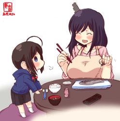 Rule 34 | 2girls, aged down, ahoge, apron, artist logo, black hair, blue eyes, blue hoodie, blush, bow, bowl, braid, brown hair, chopstick rest, chopsticks, closed eyes, collarbone, commentary request, controller, dated, fish, fish bone, food, hair bow, hair ornament, hair over shoulder, highres, holding, holding chopsticks, hood, hood down, hoodie, kanon (kurogane knights), kantai collection, long sleeves, miso soup, multiple girls, open mouth, pink shirt, red bow, remote control, rice, rice bowl, saury, shigure (kancolle), shirt, short hair, signature, single braid, smile, socks, soup, white legwear, yamashiro (kancolle)